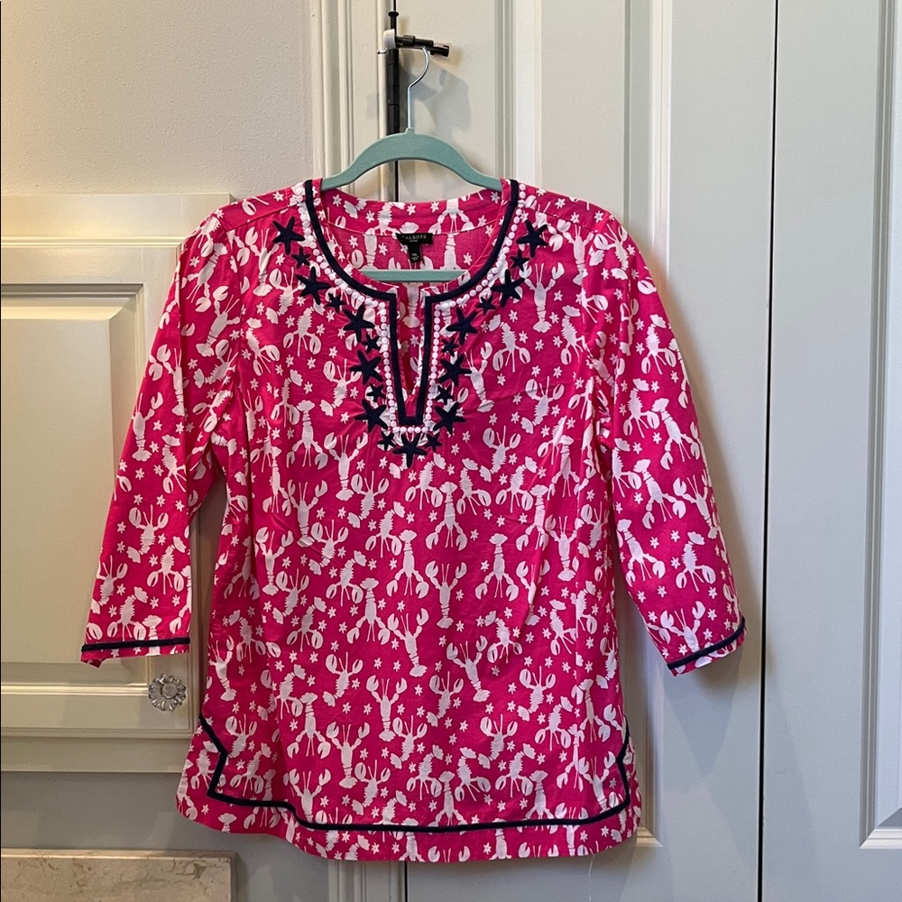 Talbots Pink and White Blouse with Navy Embroidery